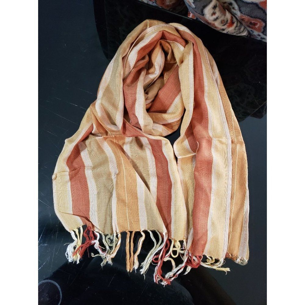 Echo Striped Scarf Rayon Fringed Terracotta Mustard Cream Made in‎ India 10x69